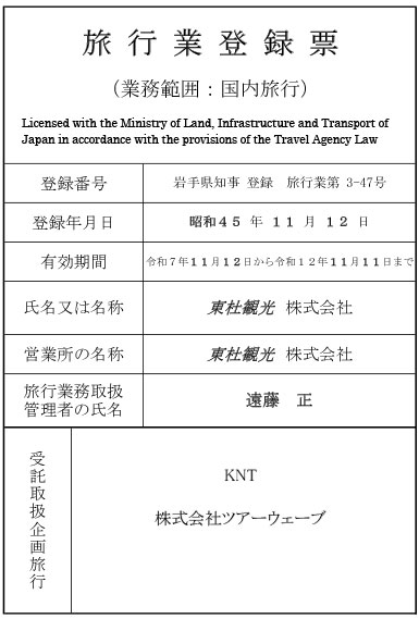 東杜観光株式会社 旅行業登録票
